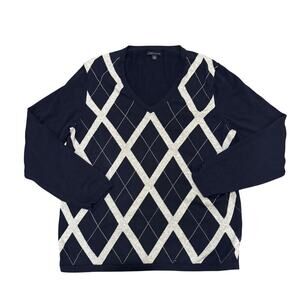 Tommy Hilfiger Argyle V Neck  Sweater Women XL Navy Blue Preppy Work 100% Cotton